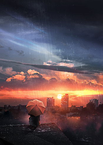 Sky, Art, Rain, Night, Seclusion, Privacy, Loneliness, Roof, Umbrella HD phone wallpaper