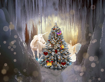 cave, fairy, unicorn, secret, christmas tree HD wallpaper
