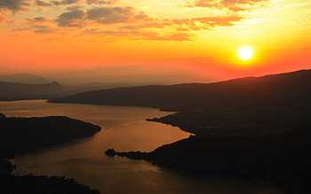 Sunset nostalgy, sky, nature, mountains, water, sun, sunset HD wallpaper