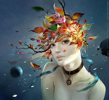 Fantasy girl, girl, luminos, taiwei, art, orange, fantasy, planet, face, autumn, leaf, toamna HD wallpaper