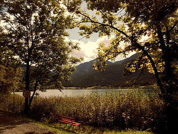 As in earlier Days, Sommer, bench, september, Kisel, sephia, austria, mountain, summer, Bergsee, warm, mountains, clear HD wallpaper