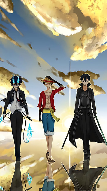 Blue Exorcist, One Piece, Sword Art Online, Monkey D. Luffy, Kazuto Kirigaya, Kirito (Sword Art Online), Anime, crossover HD phone wallpaper