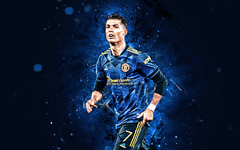 Cristiano Ronaldo, blue uniform, Manchester United, football stars, CR7, Manchester United FC, blue neon lights, Cristiano Ronaldo , Cristiano Ronaldo Manchester United, CR7 Man United HD wallpaper
