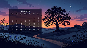 May 2026 — Sunset Calendar | Twilight Oak: May 2026 | Moonlit Path — May 2026, May 2026 Calendar HD wallpaper