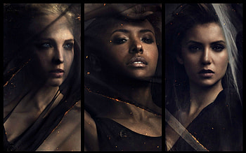 Vampire Diaries (2009-), by cehenot, black, candice accola, actress, collage, witch, elena, caroline, actor, vampire diaries, male, friends, kat graham, man, veil, nina dobrev, dark, bonnie, tv series, fantasy HD wallpaper