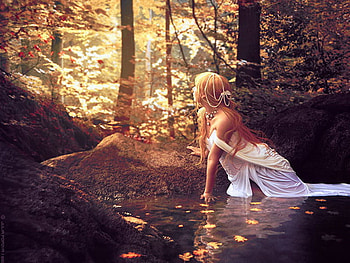 Golden bay, fairy, golden, sunstream, fantasy, bay, girl, water, forest HD wallpaper