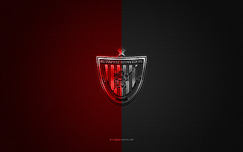Budapest Honved FC, Hungarian football club, black red logo, black red carbon fiber background, Nemzeti Bajnoksag I, football, NB I, Budapest, Hungary, Budapest Honved FC logo HD wallpaper