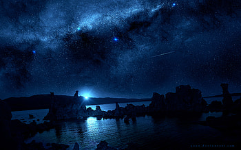Landscape, Water, Stars, Night, Rocks, Reflection, Dark, Flash HD wallpaper