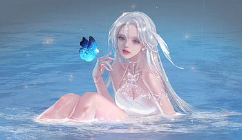 Fantasy girl, summer, butterfly, art, luminos, girl, water, nessi, vara, blue HD wallpaper