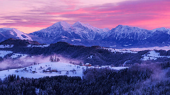 St. Thomas Church, Slovenia, sky, mountains, snow, winter, clouds, colors HD wallpaper