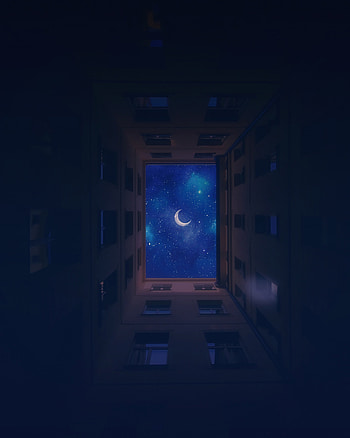 Sky, Stars, Night, Moon, Building, Dark, Bottom View HD phone wallpaper