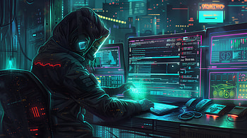 Cyber Programmer – Desk Setup with Computer Monitors, programming, desk, computer monitor, hacker, cyberpunk HD wallpaper