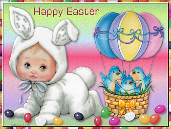Happy Easter Cutie with ballon, bunny, bunny outfit, blue birds, jellybeans, easter, adorable, hot air baloon, child HD wallpaper