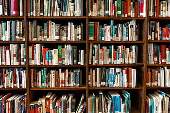 Vibrant library scene featuring wooden bookshelves filled with various books. HD wallpaper