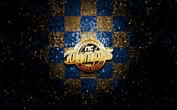 NC Dinos, glitter logo, KBO, brown blue checkered background, baseball, South Korean baseball team, NC Dinos logo, mosaic art HD wallpaper