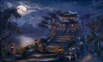 Rainy, night, blue, rain, art, temple, moon, fantasy, luna, luminos, tamikaproud HD wallpaper