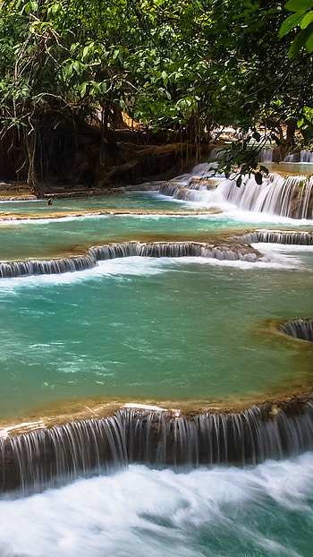 Waterfall in forest, Tat Kuang Si Falls, Windows 10 Spotlight HD phone wallpaper
