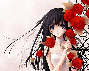 Flowergirl, girl, anime, roses, dark hair HD wallpaper