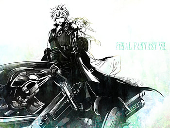 Cloud & Aerith, aeirth, white, black, final fantasy, final fantasy 7, anime, fenrir, green, cloud strife, ff7, duo, ae, cloud HD wallpaper