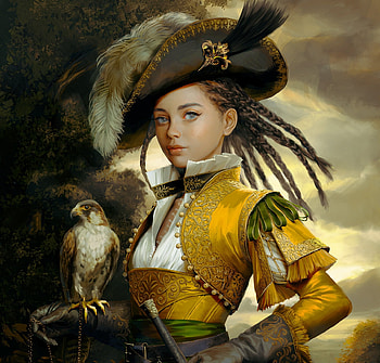 Adventurer, pasari, hat, parrot, frumusete, bird, gorgeous, girl, superb, fantasy, yellow, toraji HD wallpaper