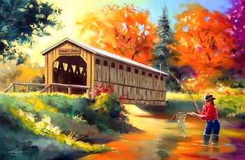 Covered Bridge, creek, architecture, fishing, attractions in dreams, colors, paintings, love four seasons, trees, autumn, bridges, fall season HD wallpaper