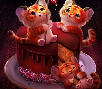 Happy New Year!, cute, piper thibodeau, year, cake, new year, animal, fireworks, tiger, art, orange, tigru HD wallpaper