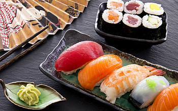 Sushi platter, Hand fan, Wasabi HD wallpaper