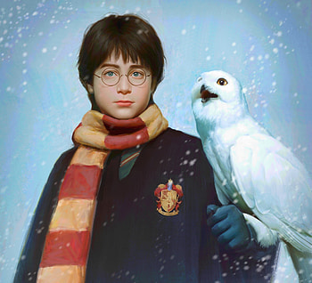 Harry Potter, bufnita, kunlin lee, wizard, pasari, owl, bird, art, fantasy, boy HD wallpaper