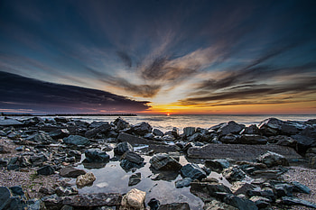 Rocks, sea, coast, sky, sunset HD wallpaper
