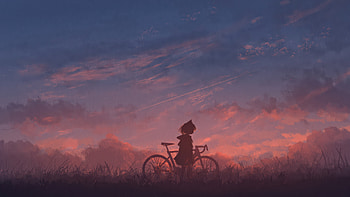 Anime Girl With Bicycle Silhouette At Dramatic Dusk Sky, anime-girl, bicycle, silhouette, dusk, sky, artist, artwork, art, digital-art, pixiv HD wallpaper