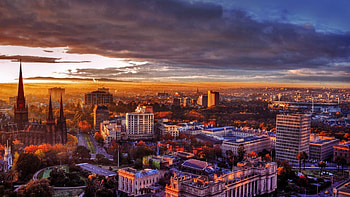 view of melbourne australia at sunset, city, clouds, view, sunset, cathedral HD wallpaper