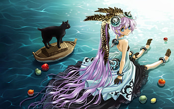 Original, black cat, cute anime girl, anime, fantasy anime, pink hair, dress, angel wings HD wallpaper