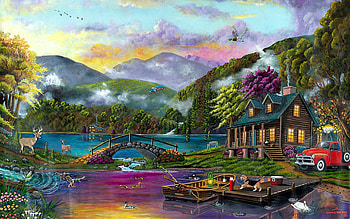 Paradise Lake, boat, dog, car, pier, cabin, artwork, painting, deer, flowers, mountains HD wallpaper