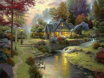 Nice Little Cottage, trees, cottage, duck, stream HD wallpaper