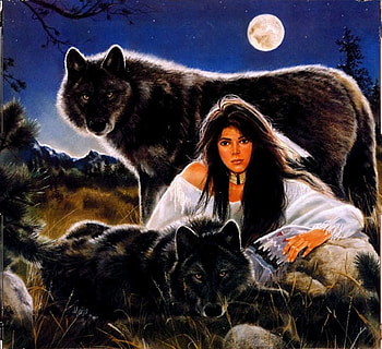 Black wolves, native, maija, wolves, painting, fantasy, pretty HD wallpaper