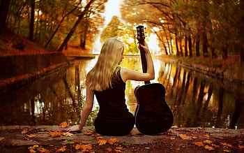 Girl with guitar, guitar, autumn, girl, water, pond HD wallpaper