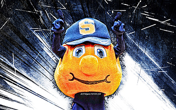 Otto the Orange, grunge art, mascot, Syracuse Orange, NCAA, USA, Syracuse Orange mascot, blue abstract rays, NCAA mascots, official mascot, Otto the Orange mascot HD wallpaper