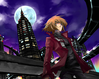 Judai Yuuki, domino, yu gi oh gx, city, duelist, anime, boy, red, game, duel academy, osiris HD wallpaper