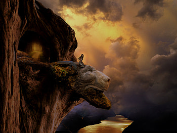 Fantasy Lion Head Artistic Top View Mountains, artist, dreamy, fantasy HD wallpaper