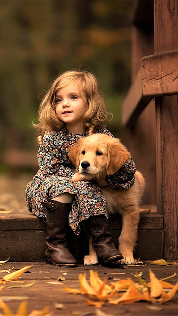 Little Girl and Her Puppy, golden retriever, puppy, little girl, graphy, child HD phone wallpaper