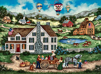 Balloons Over Picnic Time 1, horse, art, landscape, farm, flight, beautiful, artwork, aviation, scenery, wide screen, cows, painting, equine, hot air balloons, picnic HD wallpaper