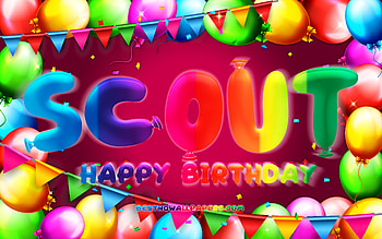 Happy Birtay Scout, , colorful balloon frame, Scout name, purple background, Scout Happy Birtay, Scout Birtay, popular american female names, Birtay concept, Scout HD wallpaper