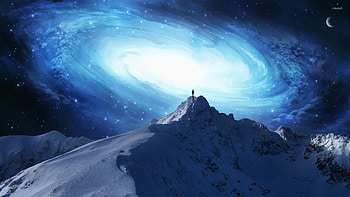 Man on the mountain peak overlooking the galaxy jpg HD wallpaper