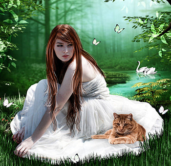 ~Flutter Beautiful Day~, kitten, plants, digital art, dress, charm, butterflies, animals, bright, trees, flutter, pond, female, flying, cat, beautiful, grass, people, backgrounds, swim, swans, fantasy, pretty, manipulation, green, cool, models, girls, flowers, women, lovely, hair HD wallpaper