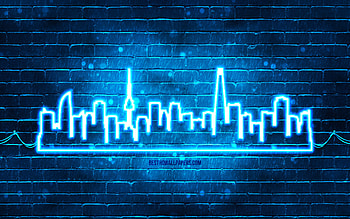 Seoul blue neon silhouette, , blue neon lights, Seoul skyline silhouette, blue brickwall, South Korean cities, neon skyline silhouettes, South Korea, Seoul silhouette, Seoul HD wallpaper
