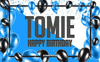 Happy Birtay Tomie, Birtay Balloons Background, Tomie, with names, Tomie Happy Birtay, Blue Balloons Birtay Background, Tomie Birtay HD wallpaper