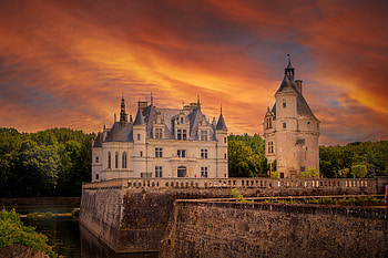 Sunset on Chateau de Chenonceau, France, 11 century, france, castle, sunset HD wallpaper