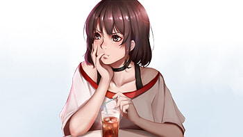 Curious, anime girl, drink HD wallpaper