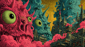 Weirdcore — Neon Colossi Over the Ruined Citadel, Monster, Castle HD wallpaper
