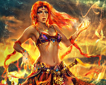 Sorceress, tsabo6, art, girl, orange, woman, witch, fantasy, magical, redhead HD wallpaper